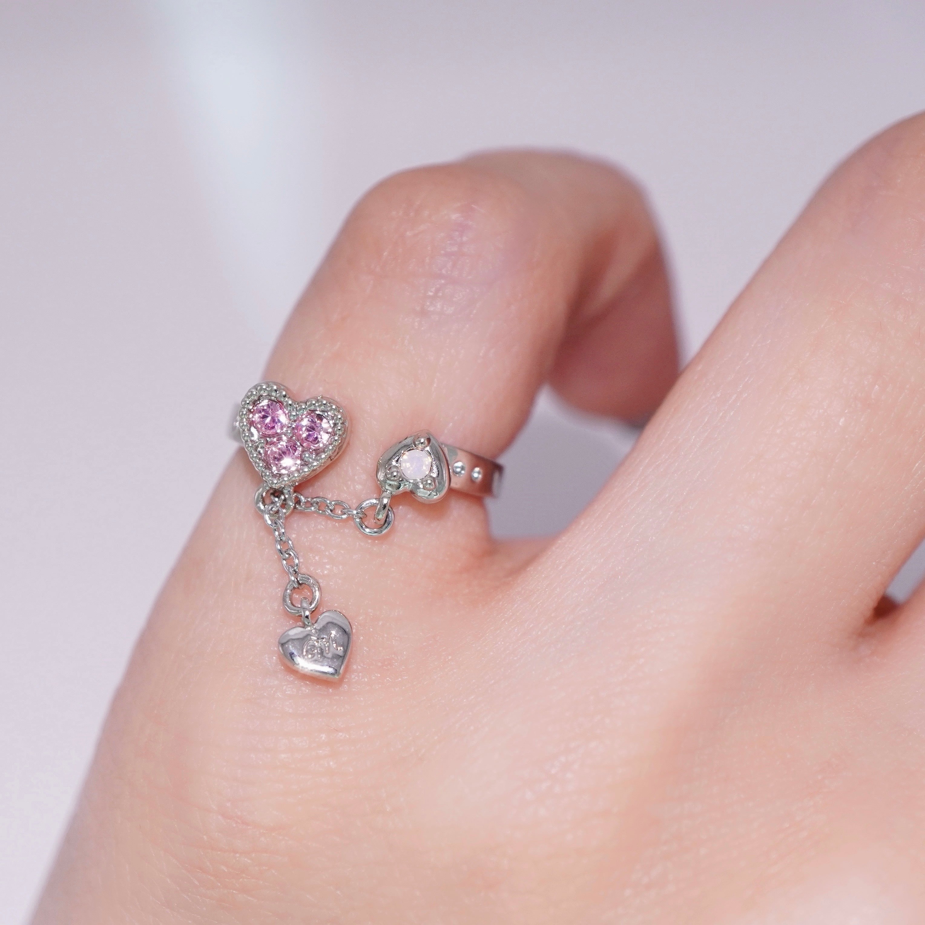 Baby Heart Chain Pinky Ring / Silver × Pink