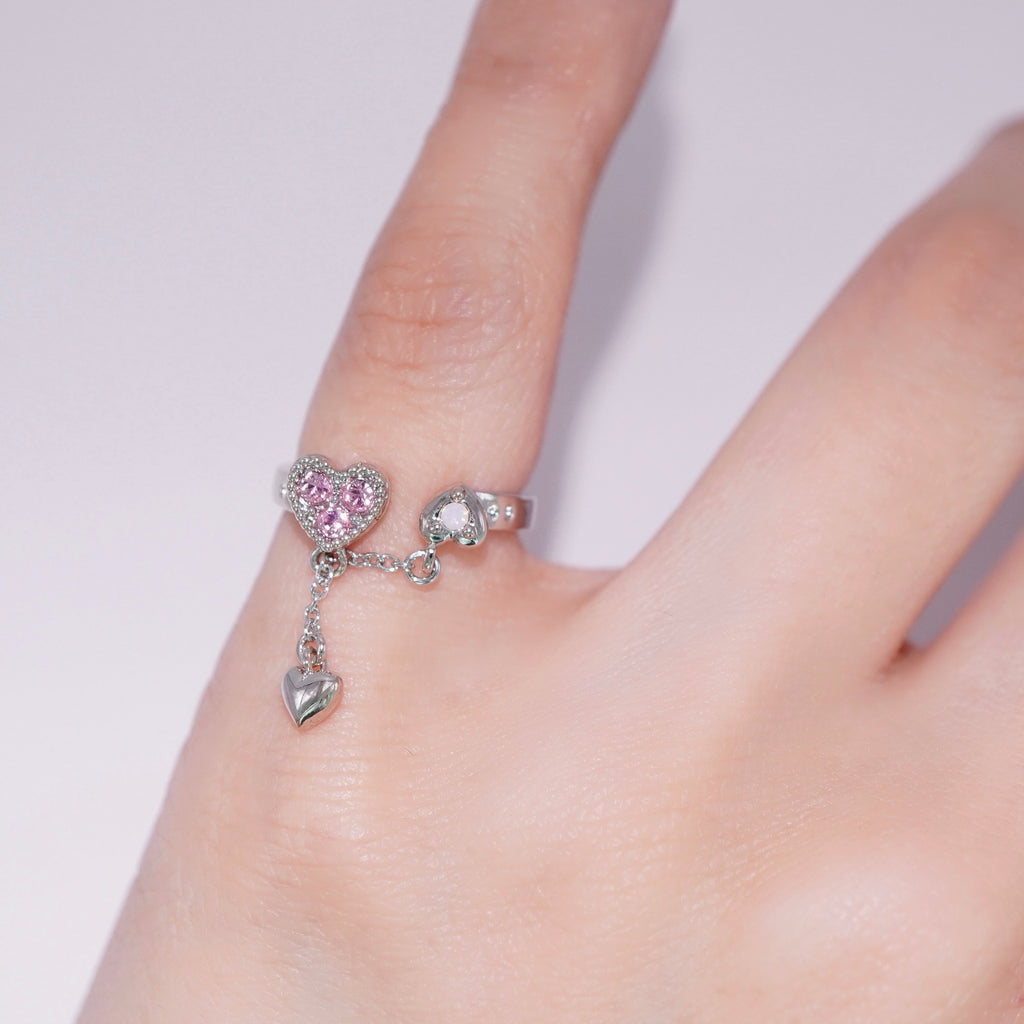 Baby Heart Chain Pinky Ring / Silver × Pink