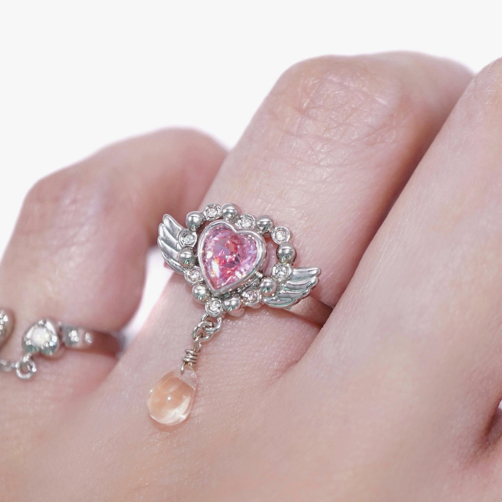 Angel Heart Tear Ring / Silver × Pink