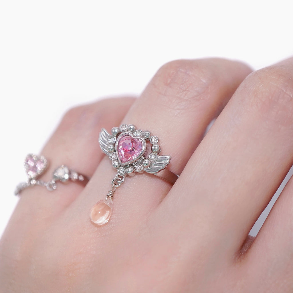 Angel Heart Tear Ring / Silver × Pink